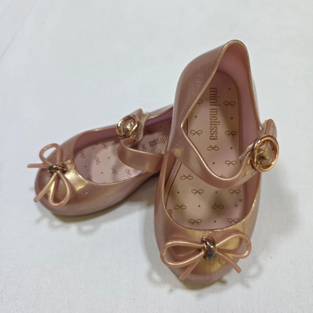 Mini Melissa Mary Jane Flats Girls 6 Rose Gold Bow Shimmer Jelly Shoes Toddler